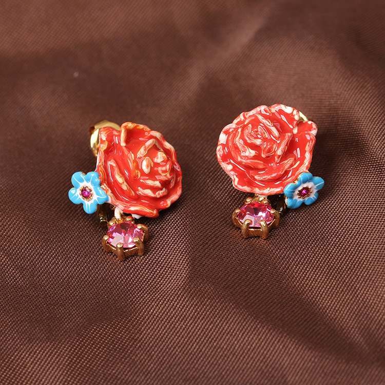 Garden Flower Series Enamel Glazed Peony Stud Earrings Zircon 925 Silver Needle