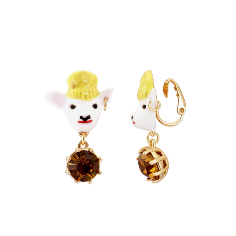 Goat Gem Enamel Earrings Jewelry Stud Clip Earrings