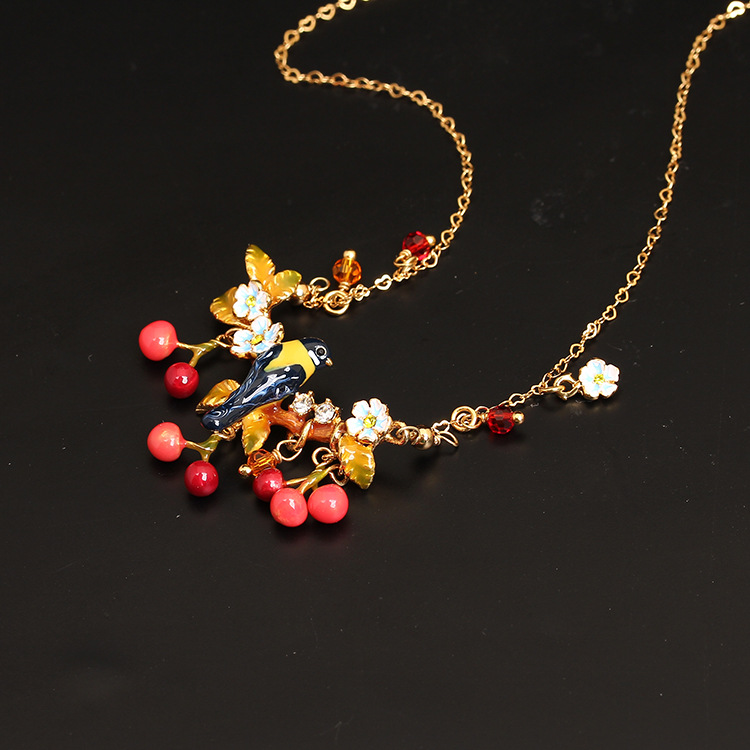 Hand Enamel Glaze Cherry Orchard Oriole Crystal Bird Necklace Gilded Women Fashion Jewelry