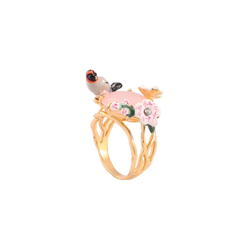 Hand Painted Enamel Glaze Cherry Birdie Set Ring