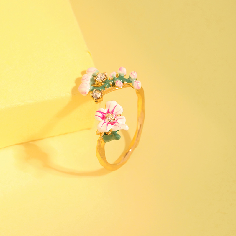 Hand Painted Enamel Glaze Cherry Blossoms Crystal Hatch Ring Adjustable Size