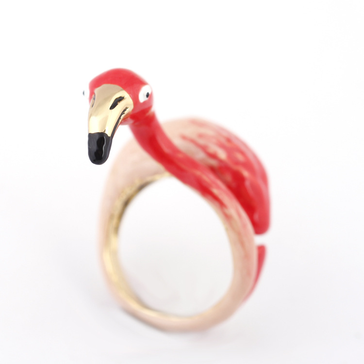 Hand Painted Enamel Glaze Flamingo Ring Open Adjustable Size