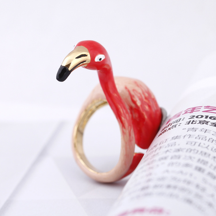 Hand Painted Enamel Glaze Flamingo Ring Open Adjustable Size