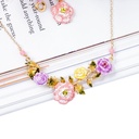 Hand Painted Enamel Glaze Gilded Pink Flower Necklace