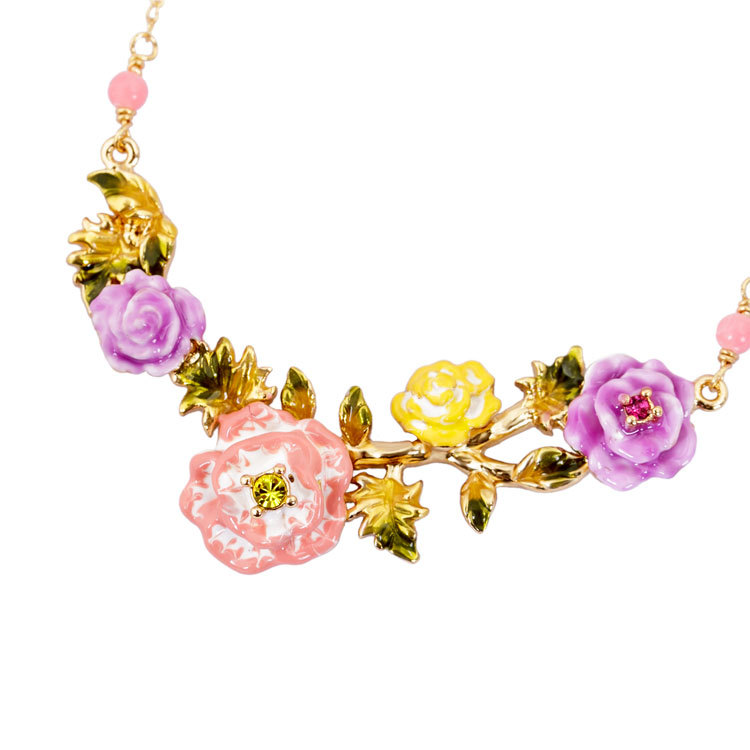 Hand Painted Enamel Glaze Gilded Pink Flower Necklace