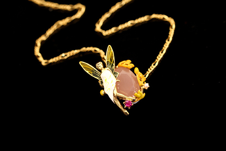 Hand Painted Enamel Glaze Flower Fairy Pink Gemstone Necklace