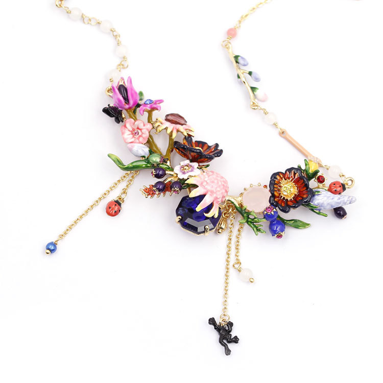 Hand Painted Enamel Glaze Gilded Water Lily Ladybug Frog Pendant Necklace