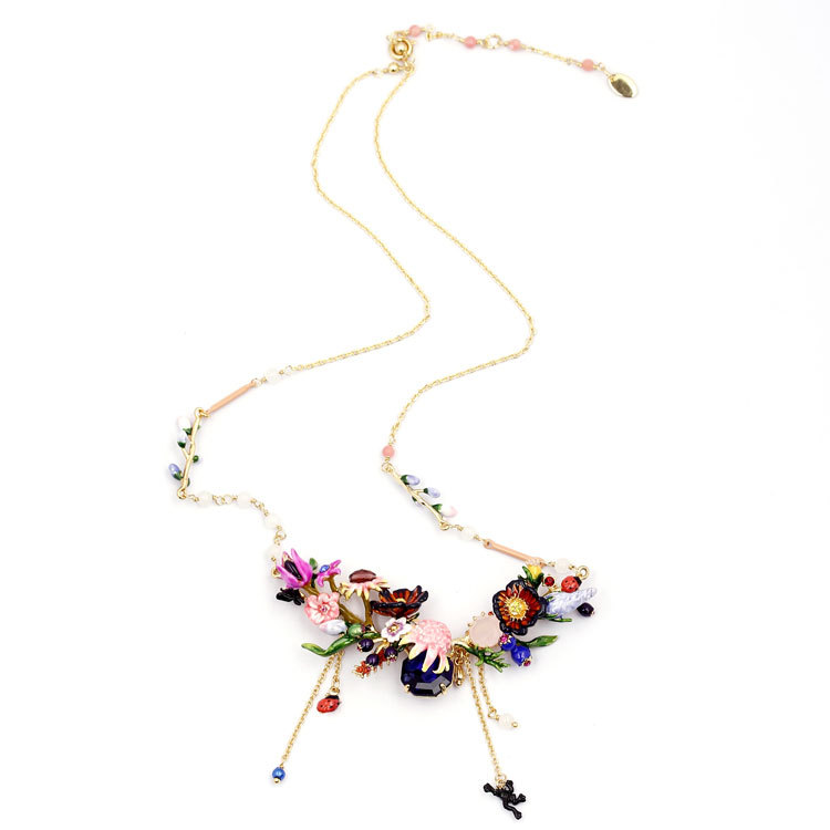 Hand Painted Enamel Glaze Gilded Water Lily Ladybug Frog Pendant Necklace