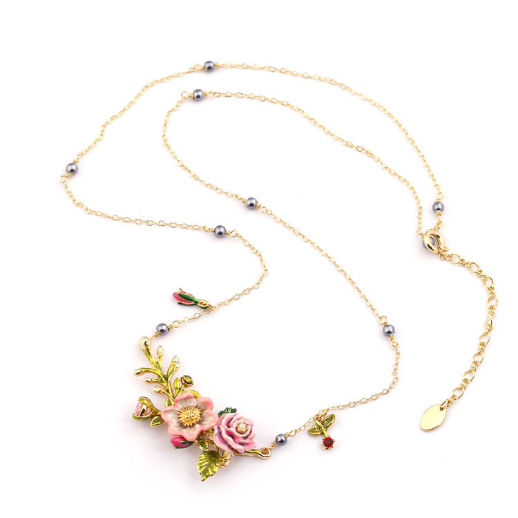 Hand Painted Enamel Glaze Flower Natural Pearl Pendant Necklace