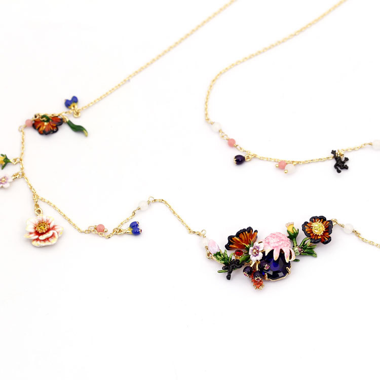 Hand Painted Enamel Glaze Flower Pendant Necklace For Women