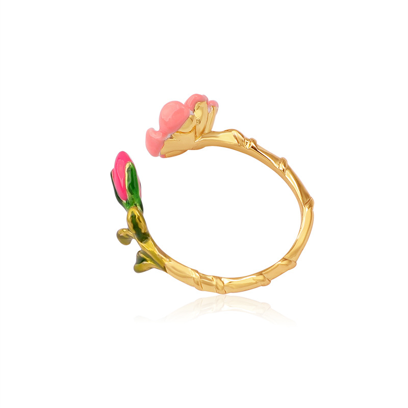 Pink Flower Bud and Leaf Enamel Adjustable Ring