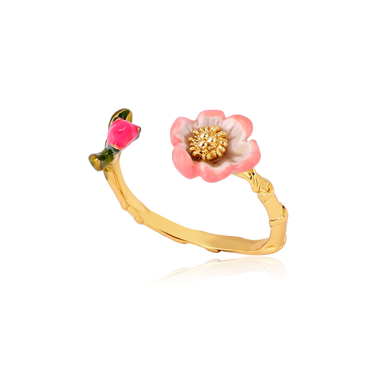 Pink Flower Bud and Leaf Enamel Adjustable Ring