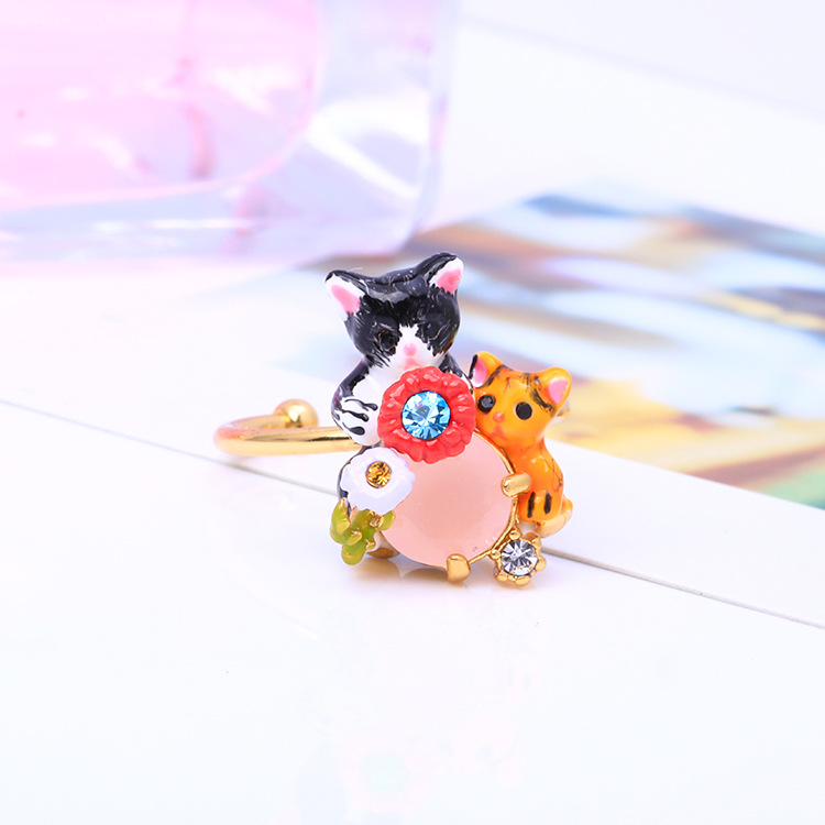 Hand Painted Enamel Glaze Cute Cats Ring Adjustable Size