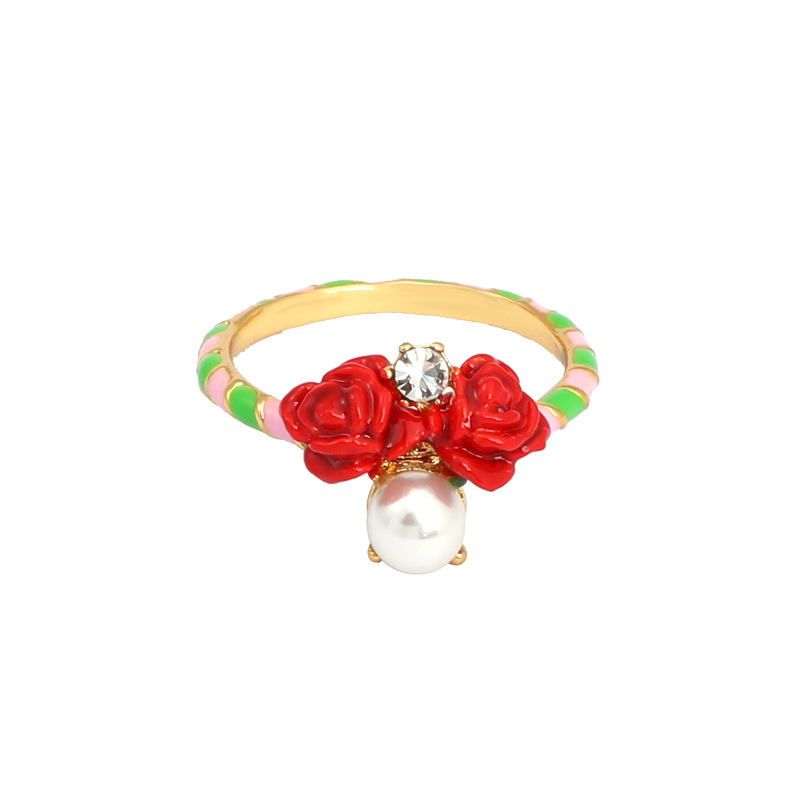 Hand Painted Enamel Glaze Red Flower Pearl Ring