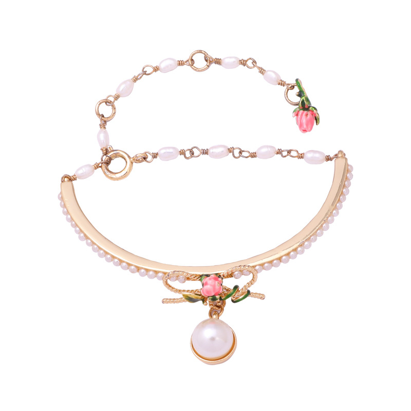 Bow Pearl Gold Plated Jewelry Enamel Bracelet