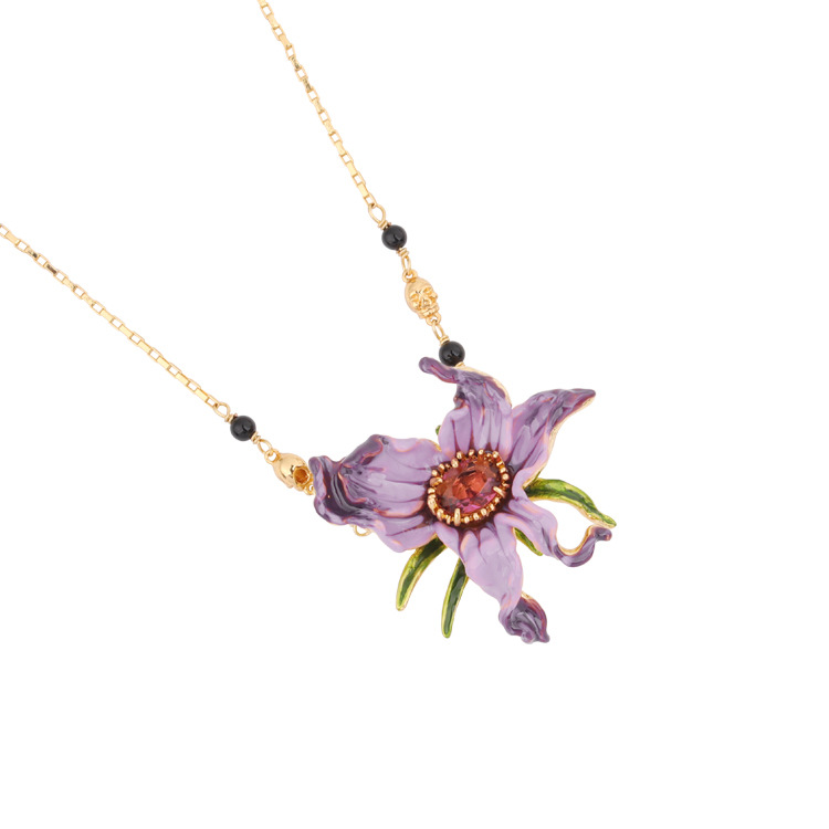Hand Painted Enamel Glaze Purple Flowers Set with Gems Pendant Necklace