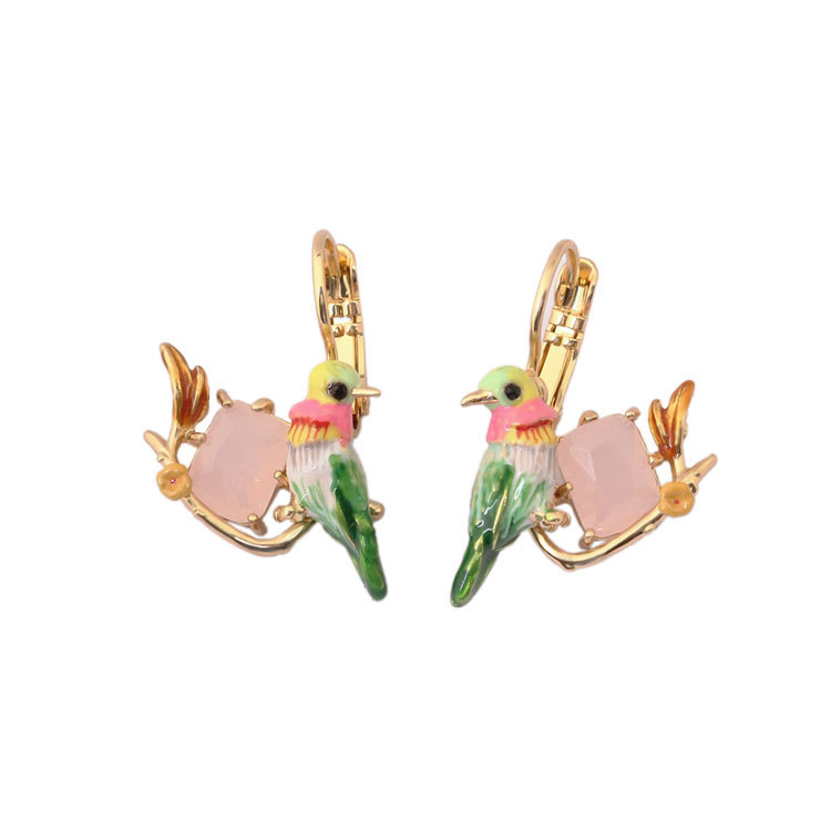 Hand Painted Enamel Glazed Colorful Hummingbird Faceted Gemstone Earrings Gold Plated Copper