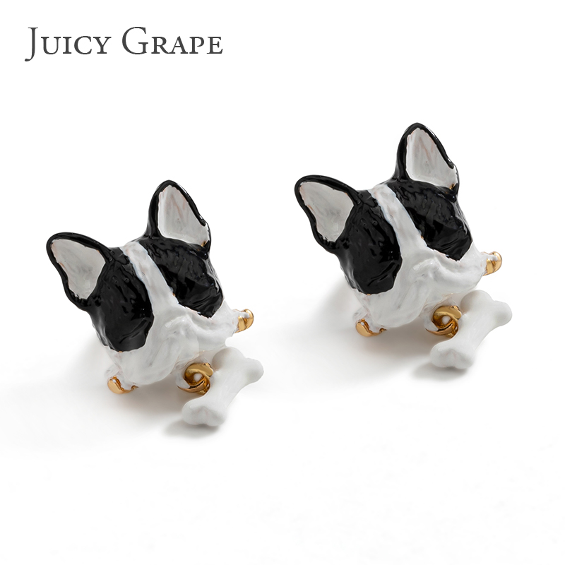 Hand Painted Enamel Glazed Cute Three-dimensional Bulldog Stud Earrings