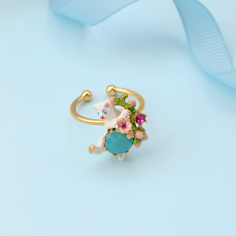 Hand Painted Enamel Glazed Cute White Kitten Gemstone Ring 18K Gold Plated Copper