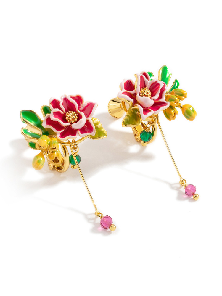 Hand Painted Enamel Glazed Dahlia Flower Lucky Crystal Earrings