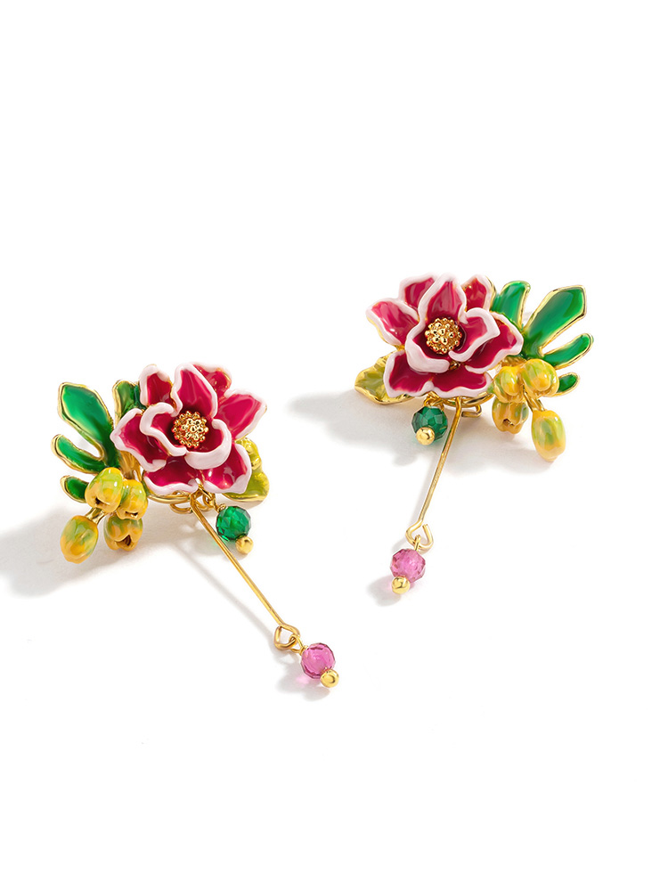 Hand Painted Enamel Glazed Dahlia Flower Lucky Crystal Earrings