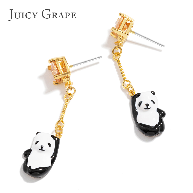 Hand Painted Enamel Glazed Cute Panda Inlaid Gem 925 Silver Needle Earrings