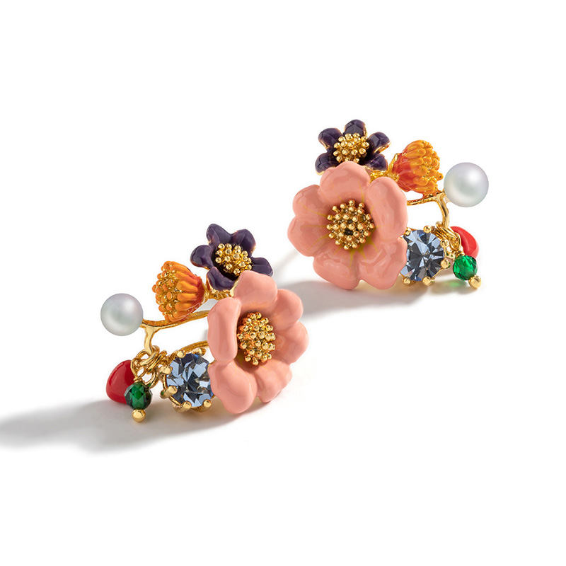 Flower And Crystal Pearl Enamel Stud Earrings