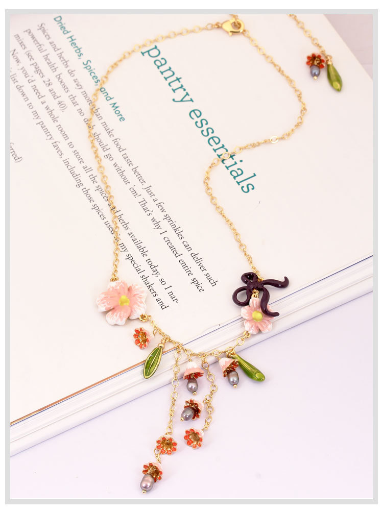 Pink Flower And Pearl Enamel Necklace