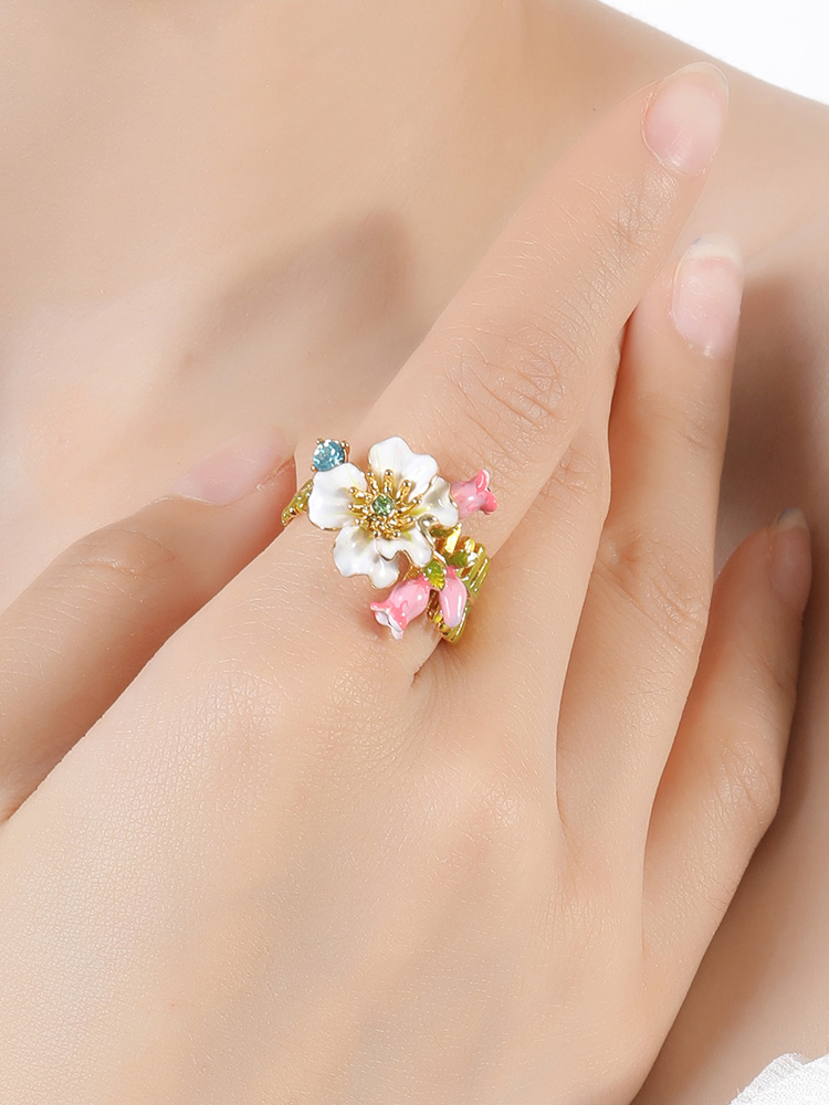 White Pink Flower And Crystal Enamel Adjustable Ring