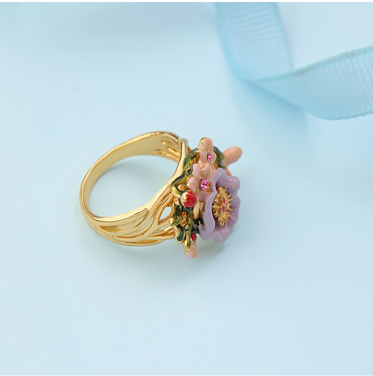 Purple Apricot Flower And Crystal Enamel Ring Jewelry Gift