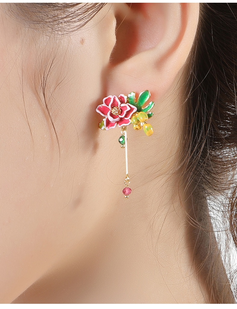 Dahlia Red Flower Yellow Bud And Bead Enamel Earrings