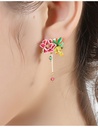 Dahlia Red Flower Yellow Bud And Bead Enamel Earrings