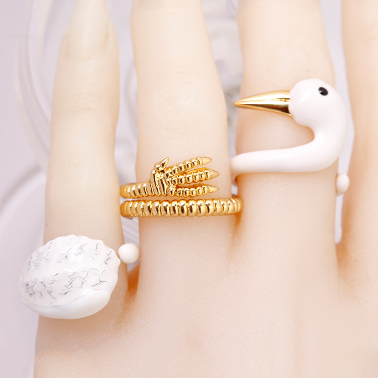 Hand Painted Enamel Glaze White Swan Ring Adjustable Size