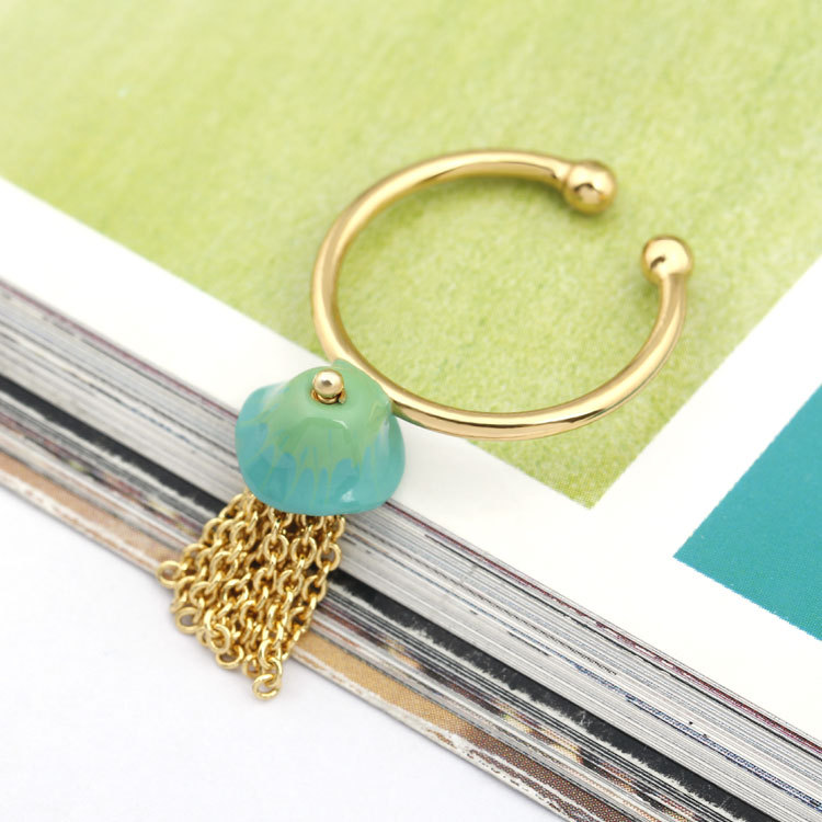 Hand Painted Enamel Glazed Jellyfish Chain Tassel Open Cuff Adjustable Ring Gold Plated