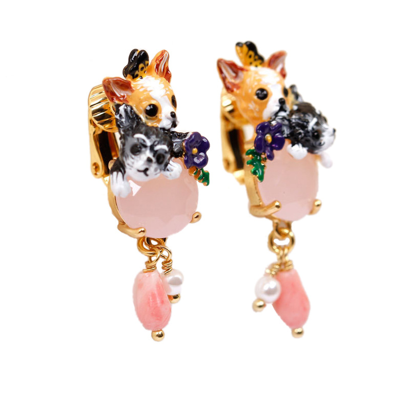 Cute And Vivid Dog Enamel Earrings Jewelry Stud Clip Earrings