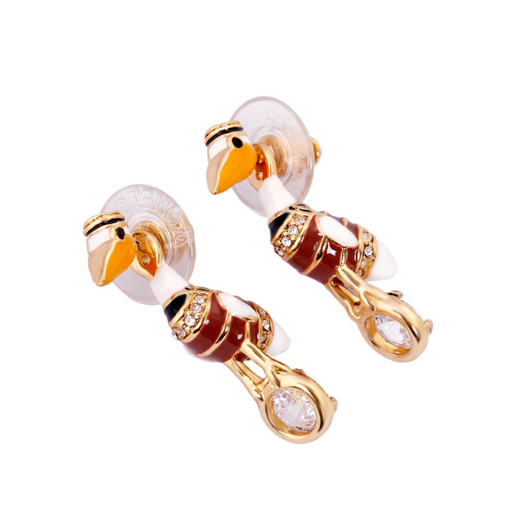 Hand Painted Enamel Glazed Pelican Series Zircon Stud Earrings Two Wearing Styles 925 Silver Needle