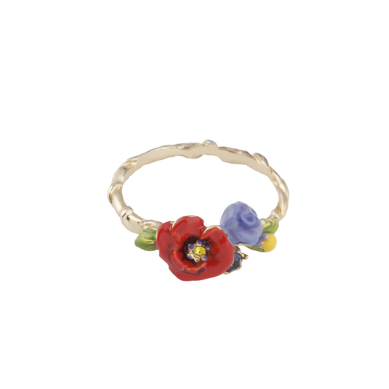 Hand Painted Enamel Glazed Poppy Flower Crystal Rhinestone Ring