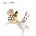 Hand Painted Enamel Glazed Rabbit Flower Imitation Gem Gold Plated Copper Open Ring