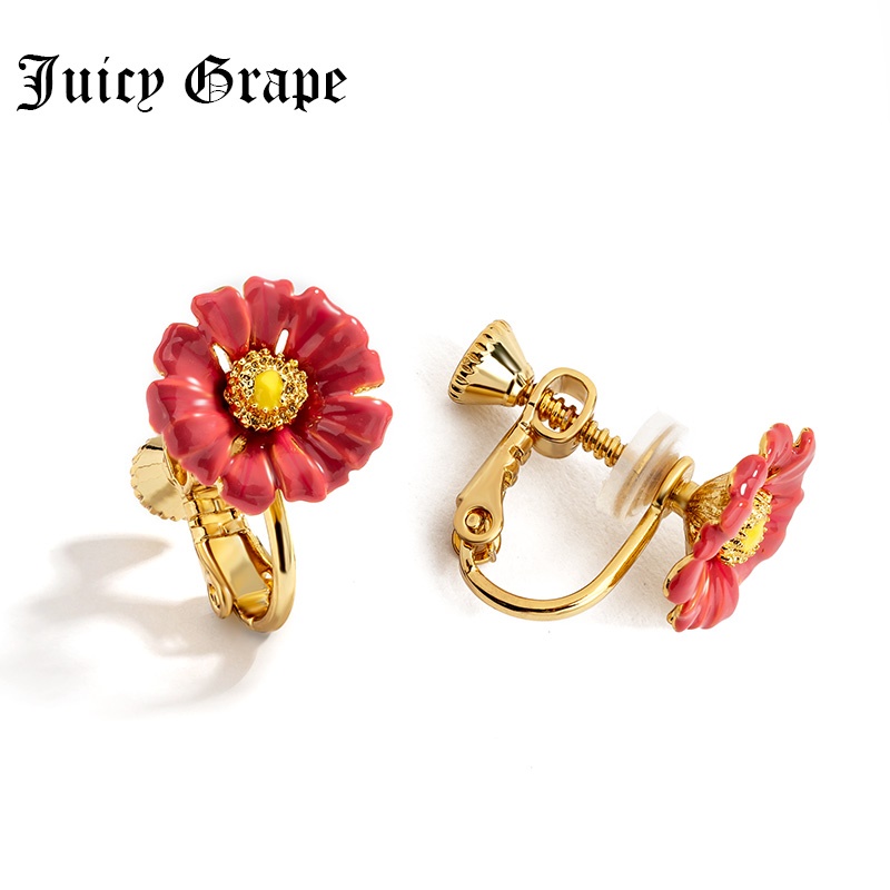 Hand Painted Enamel Glazed Red Flower Stud Clip Earrings Gold Plated