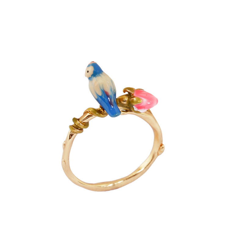 Hand Painted Enamel Glazed Rose Flower Bird  Gold Plated Copper Ring