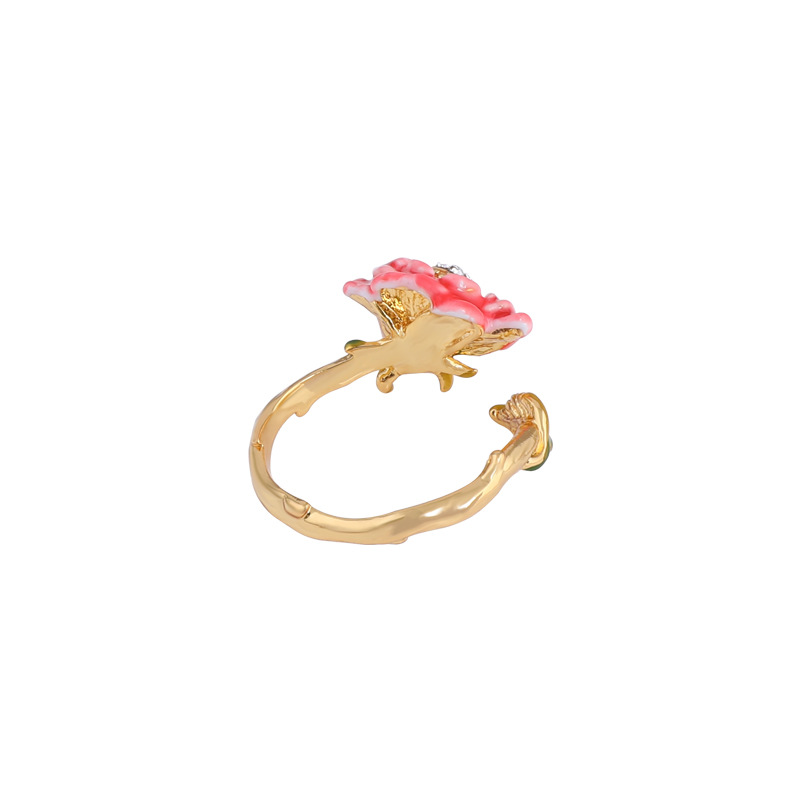 Hand Painted Enamel Little Pink Rose Flower Ring Adjustable Size