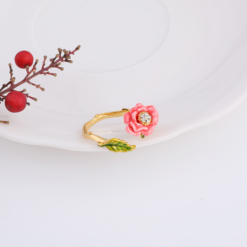 Hand Painted Enamel Little Pink Rose Flower Ring Adjustable Size
