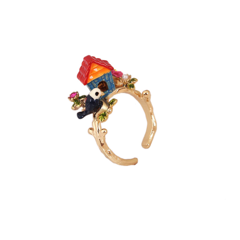 Hand Painted Enamel National Garden Style House Flower Ring Adjustable Size
