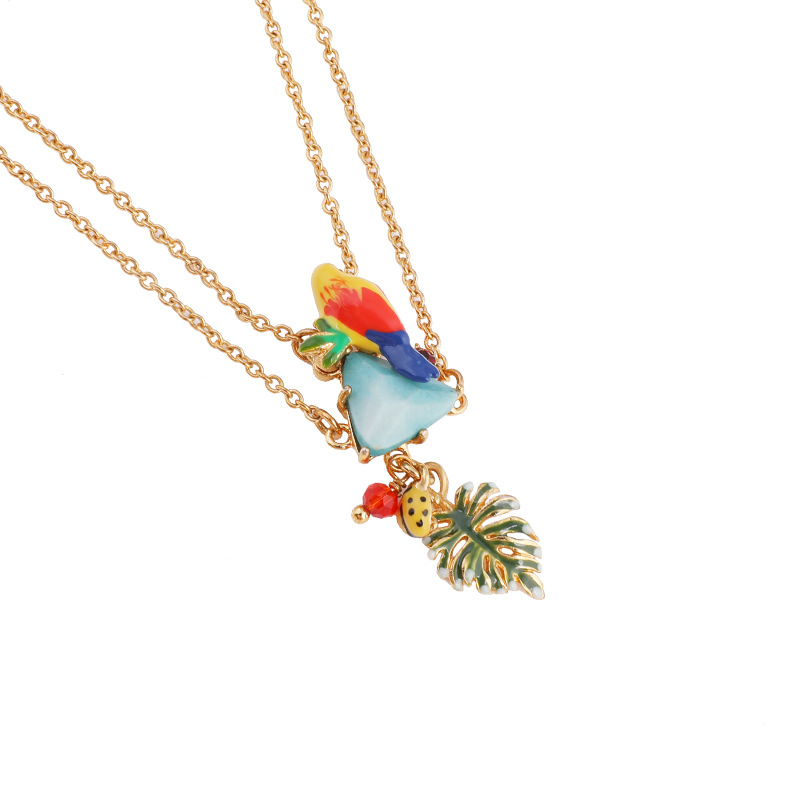 Colorful Parrot Blue Turquoise Leaf Pendant Gold Plated Jewelry Enamel Bracelet