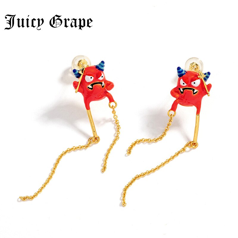 Juicy Grape Enamel Glazed Red Slug Small Monster Long Tassel Stud Clip Earrings