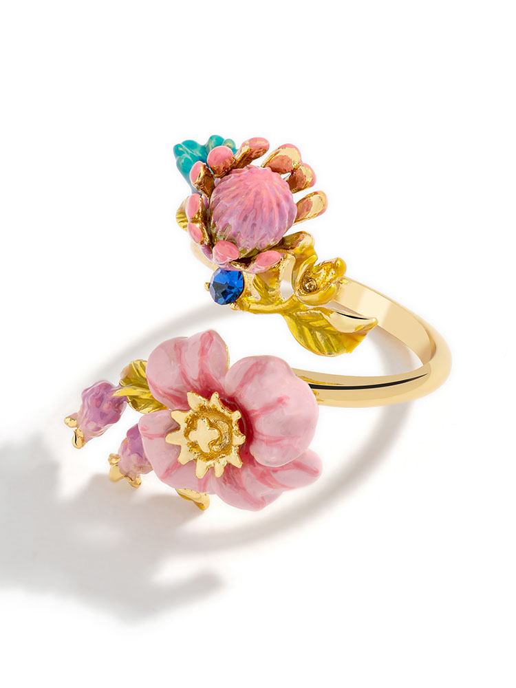 Hand Painted Enamel Glazed Tropical Flower Imitation Gem Open Ring