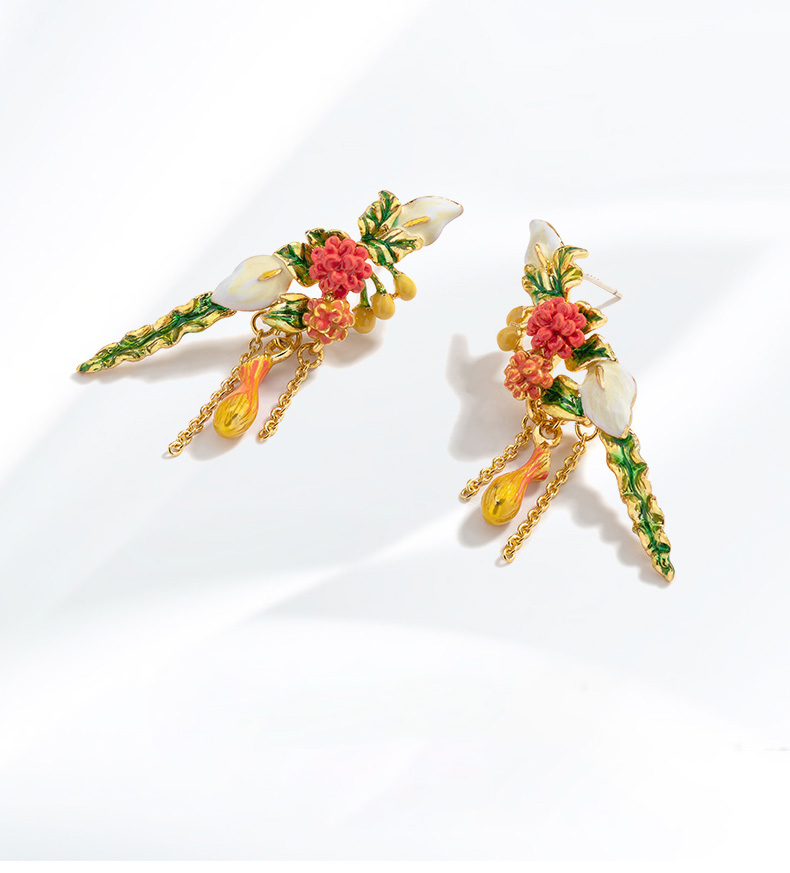 Hand Painted Enamel Glazed Tassel Flowers Earrings Gold Plated Copper