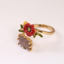 Adjustable Ring With Faceted Crystal and Red Flower