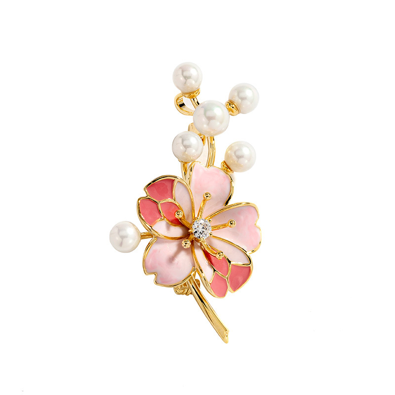 Peach Blossom Flower And Pearl Enamel Brooch