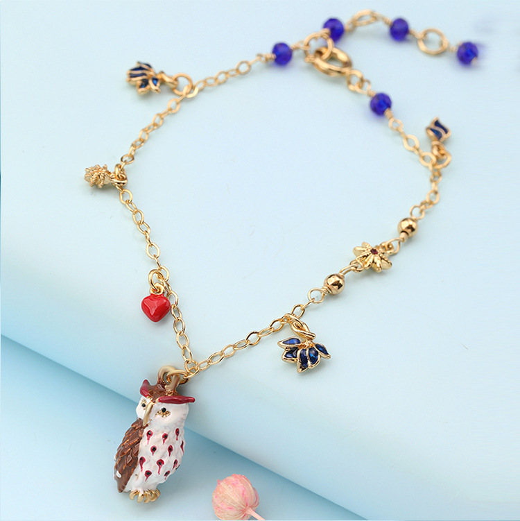 Owl And Heart Enamel Thin Bracelet